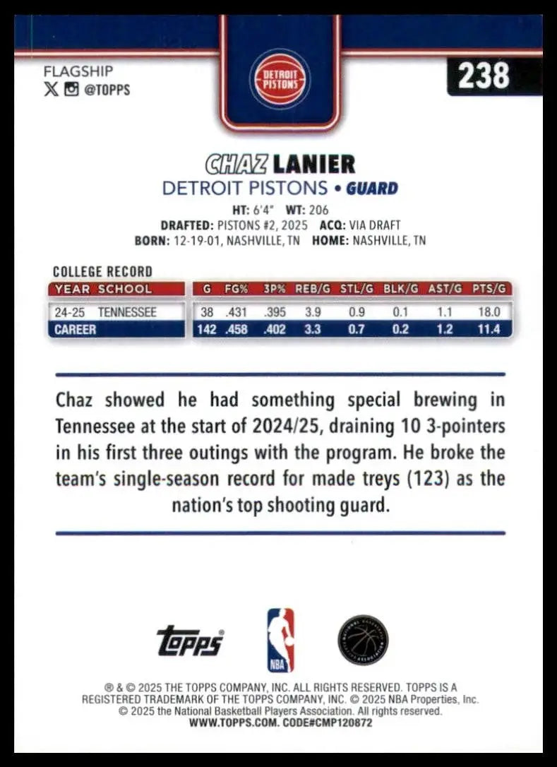 2025-26 Topps Chaz Lanier Rookie #238 Detroit Pistons Basketball Card NBA Sports