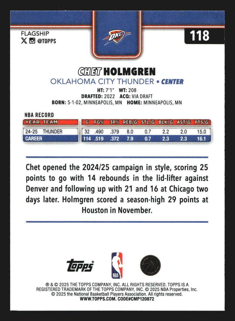 2025-26 Topps Chet Holmgren #118 Oklahoma City Thunder - Basketball Card Single
