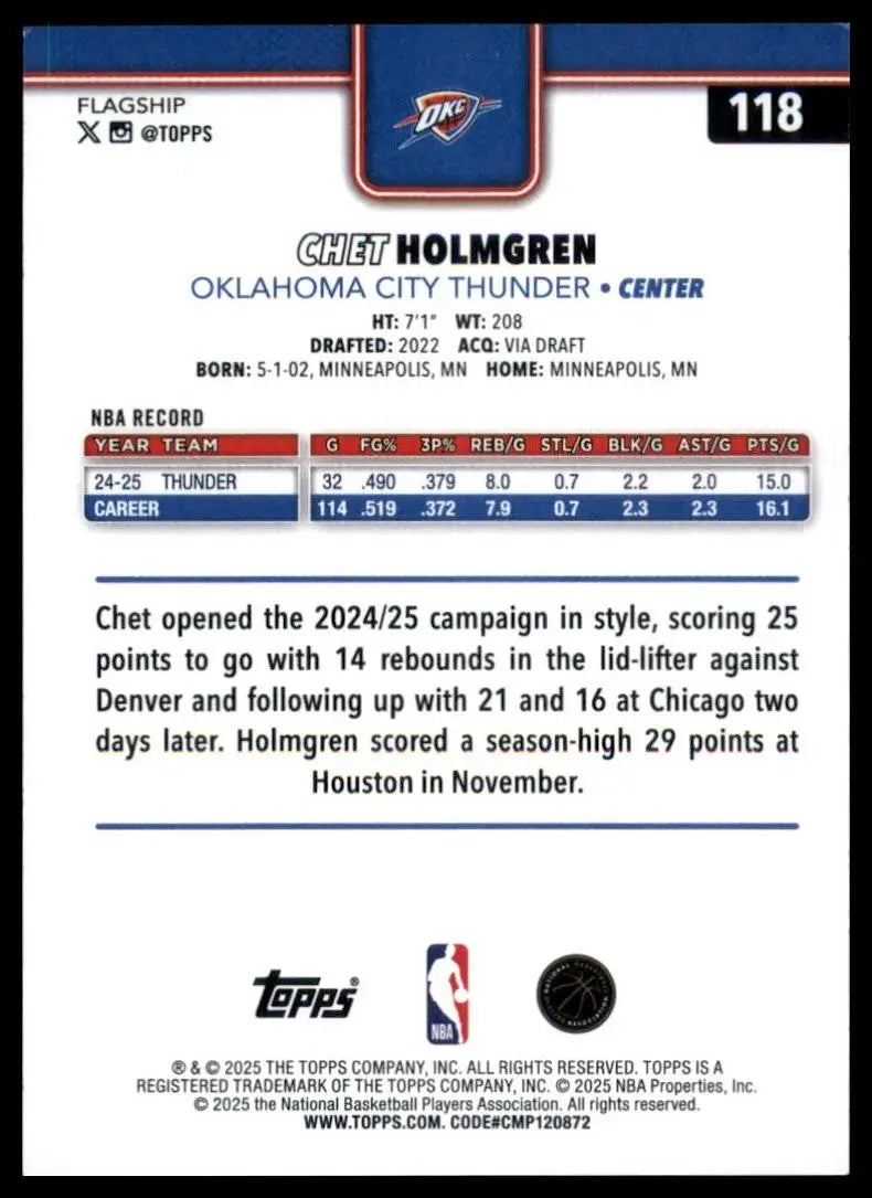 2025-26 Topps Chet Holmgren #118 Oklahoma City Thunder Basketball Card NBA Sport
