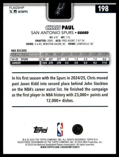 2025-26 Topps Chris Paul #198 San Antonio Spurs Basketball Card NBA Sports - Basketball Card