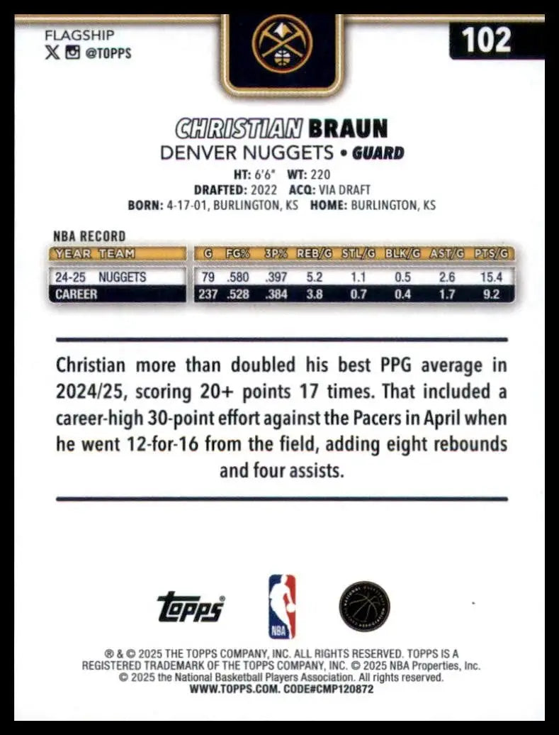 2025-26 Topps Christian Braun #102 Denver Nuggets Basketball Card NBA Sports - Basketball Card Single