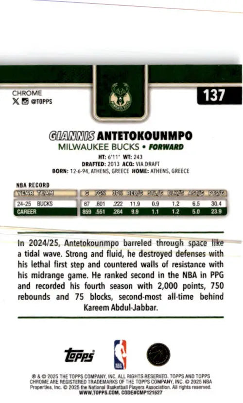 2025-26 Topps Chrome #137 Giannis Antetokounmpo - Basketball Card Single