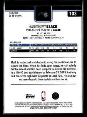 2025-26 Topps Chrome Anthony Black #103 X-Fractors Orlando Magic - Basketball Card Single