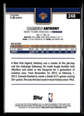 2025-26 Topps Chrome Carmelo Anthony #248 Base New York Knicks - Basketball Card Single