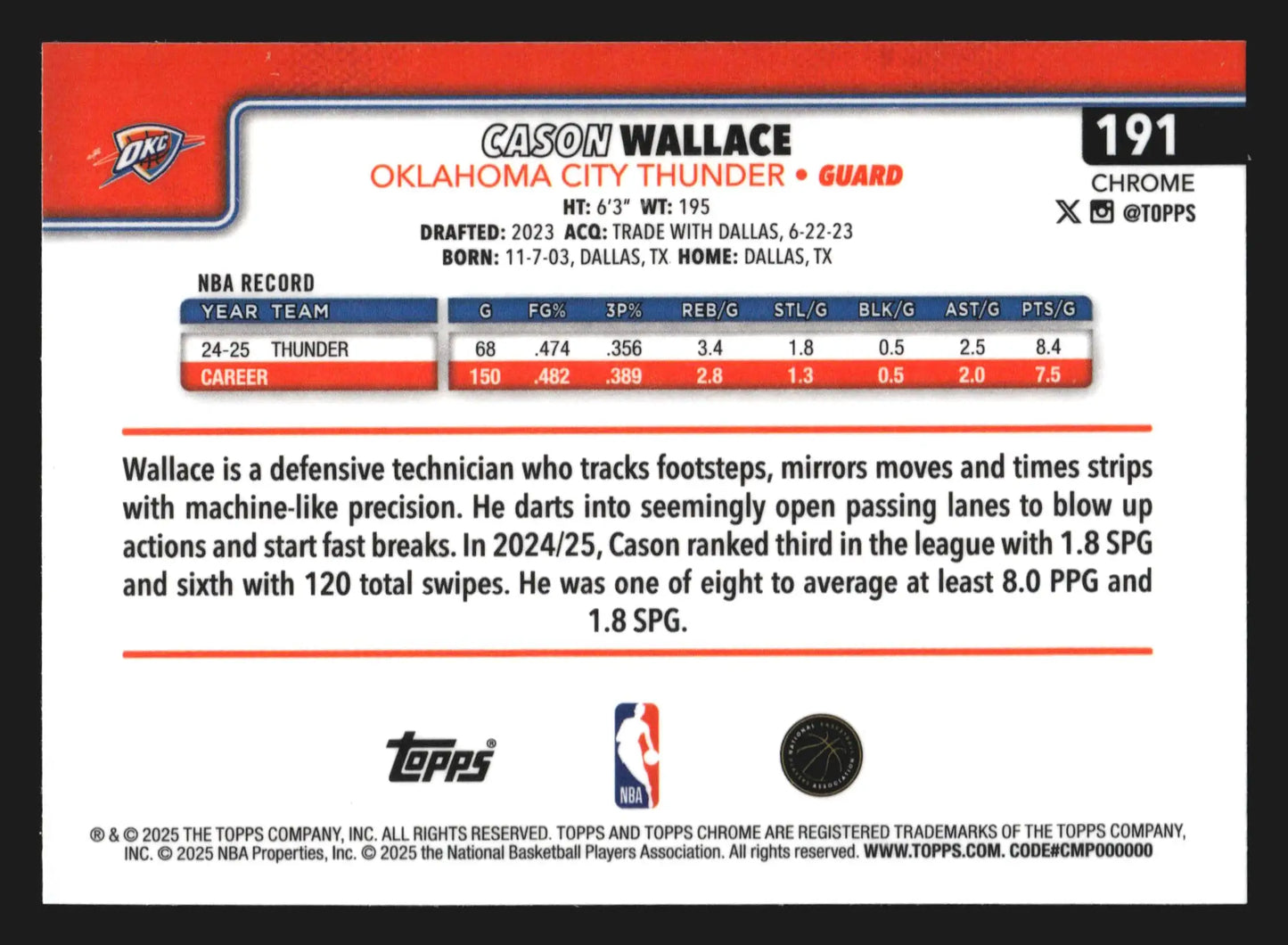 2025-26 Topps Chrome Cason Wallace #191 X-Fractor Thunder - Basketball Card Single