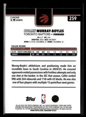 2025-26 Topps Chrome Collin Murray-Boyles #259 RC Toronto Raptors - Basketball Card Single