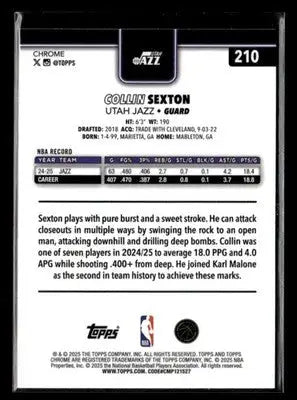 2025-26 Topps Chrome Collin Sexton #210 Base Utah Jazz - Basketball Card Single