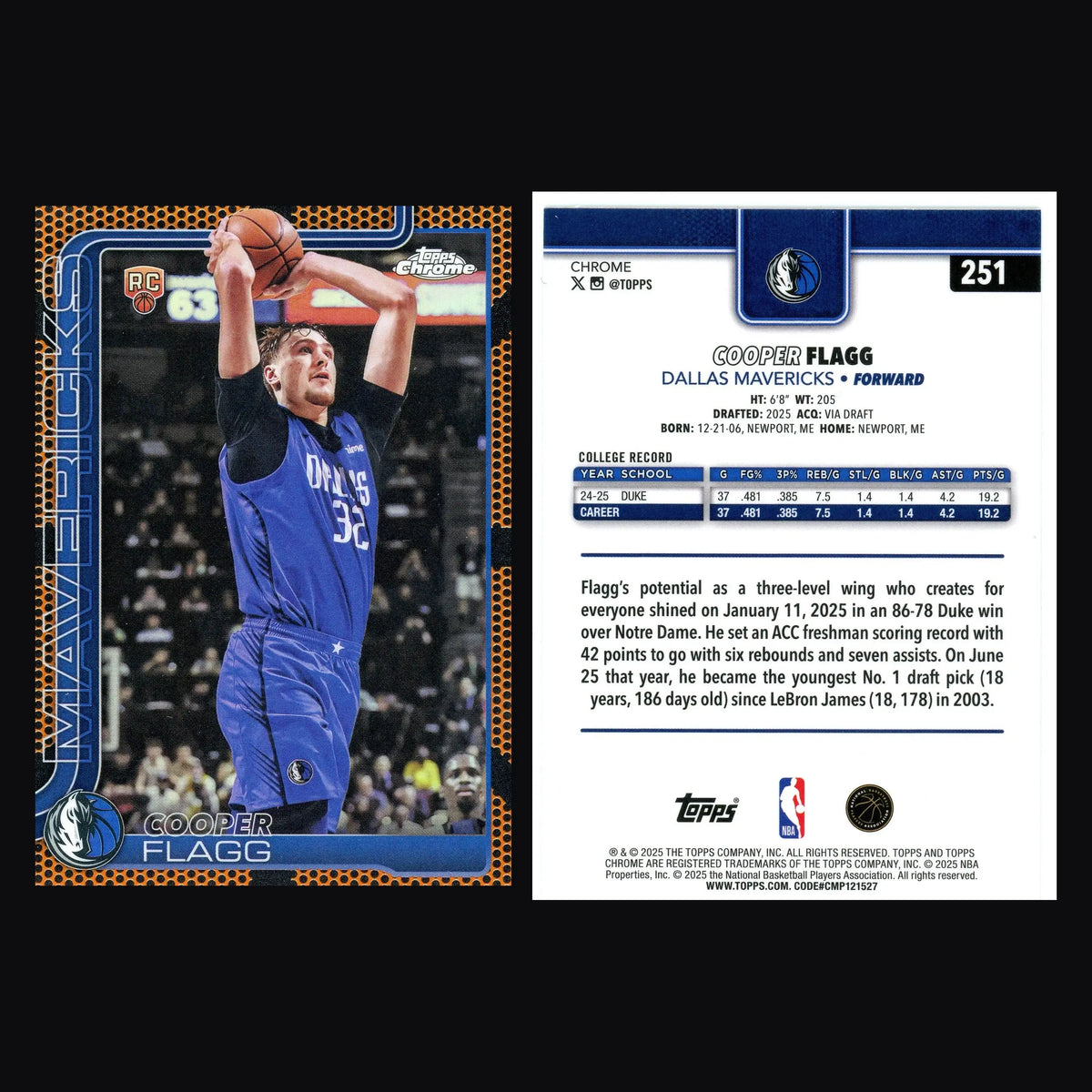 2025-26 Topps Chrome Cooper Flagg #251 Orange Basketball Border Refractor RC - Basketball Card Single