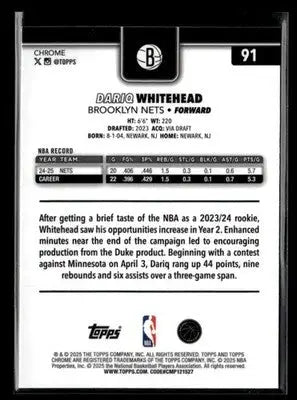 2025-26 Topps Chrome Dariq Whitehead #91 Brooklyn Nets - Basketball Card Single
