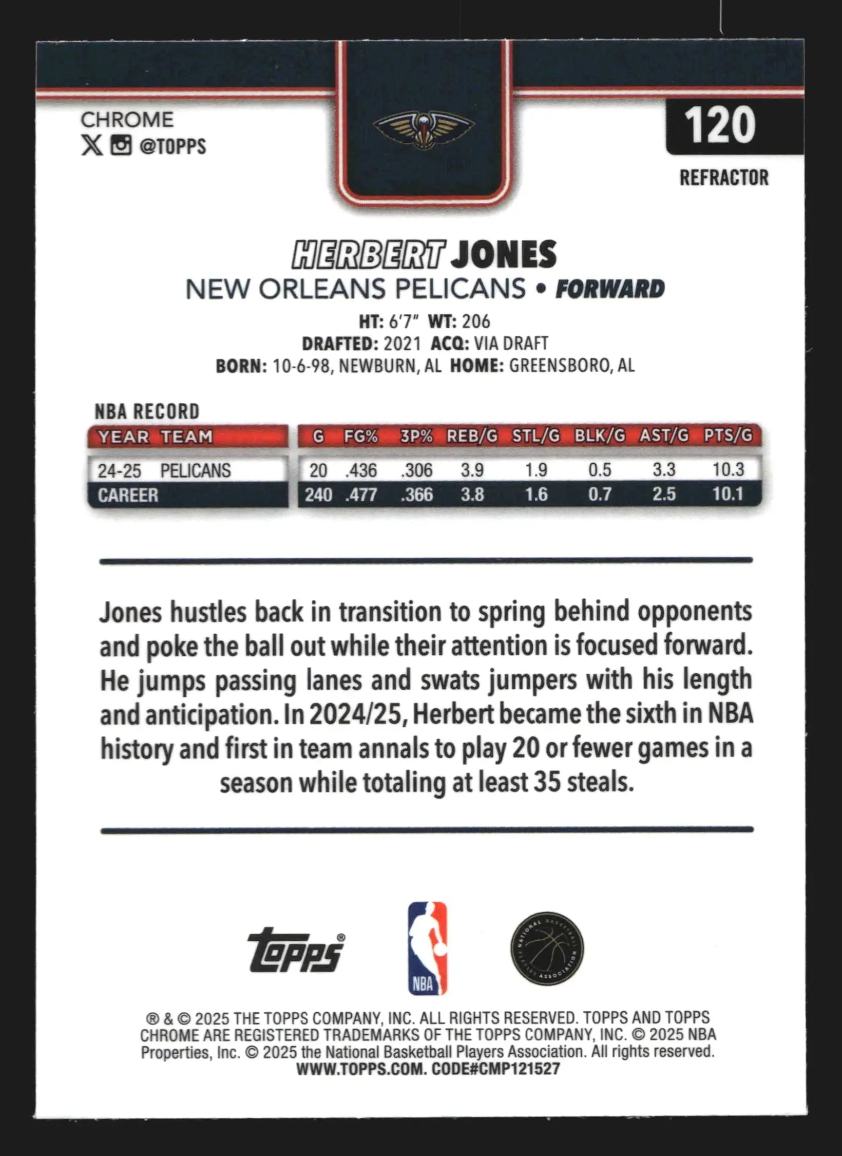 2025-26 Topps Chrome Herbert Jones #120 Refractor New Orleans Pelicans