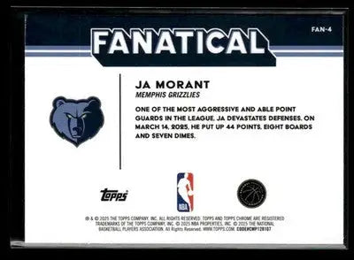 2025 -26 Topps Chrome Ja Morant #FAN-4 SP Memphis Grizzlies - Basketball Card Single