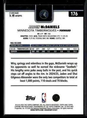 2025-26 Topps Chrome Jaden McDaniels #176 Minnesota Timberwolves - Basketball Card Single