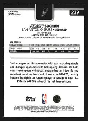 2025-26 Topps Chrome Jeremy Sochan #239 X-Fractor San Antonio Spurs - Basketball Card Single