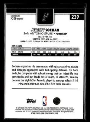2025-26 Topps Chrome Jeremy Sochan #239 X-Fractors San Antonio Spurs