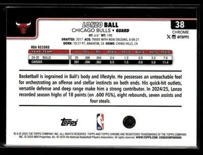 2025-26 Topps Chrome Lonzo Ball #38 X-Fractor Chicago Bulls - Basketball Card Single