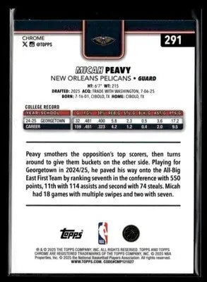 2025-26 Topps Chrome Micah Peavy #291 RC New Orleans Pelicans - Basketball Card Single