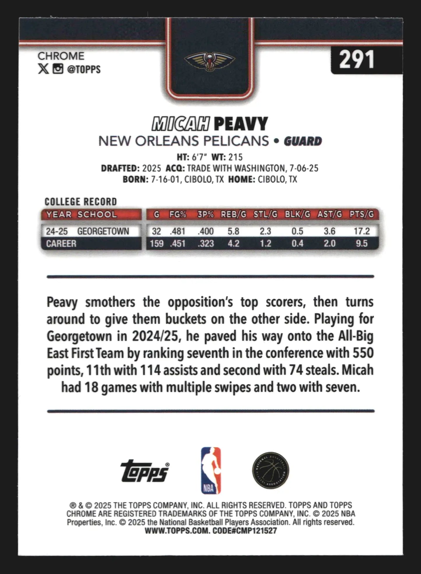 2025-26 Topps Chrome Micah Peavy #291 RC New Orleans Pelicans Rookie