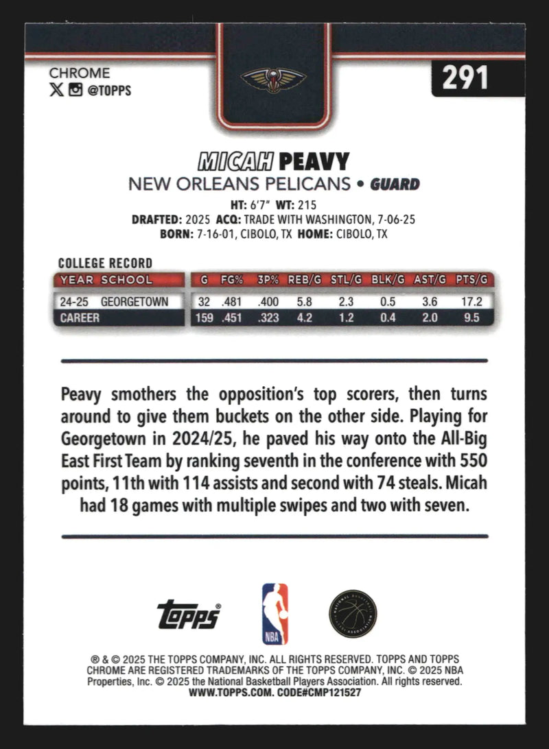 2025-26 Topps Chrome Micah Peavy #291 RC New Orleans Pelicans Rookie