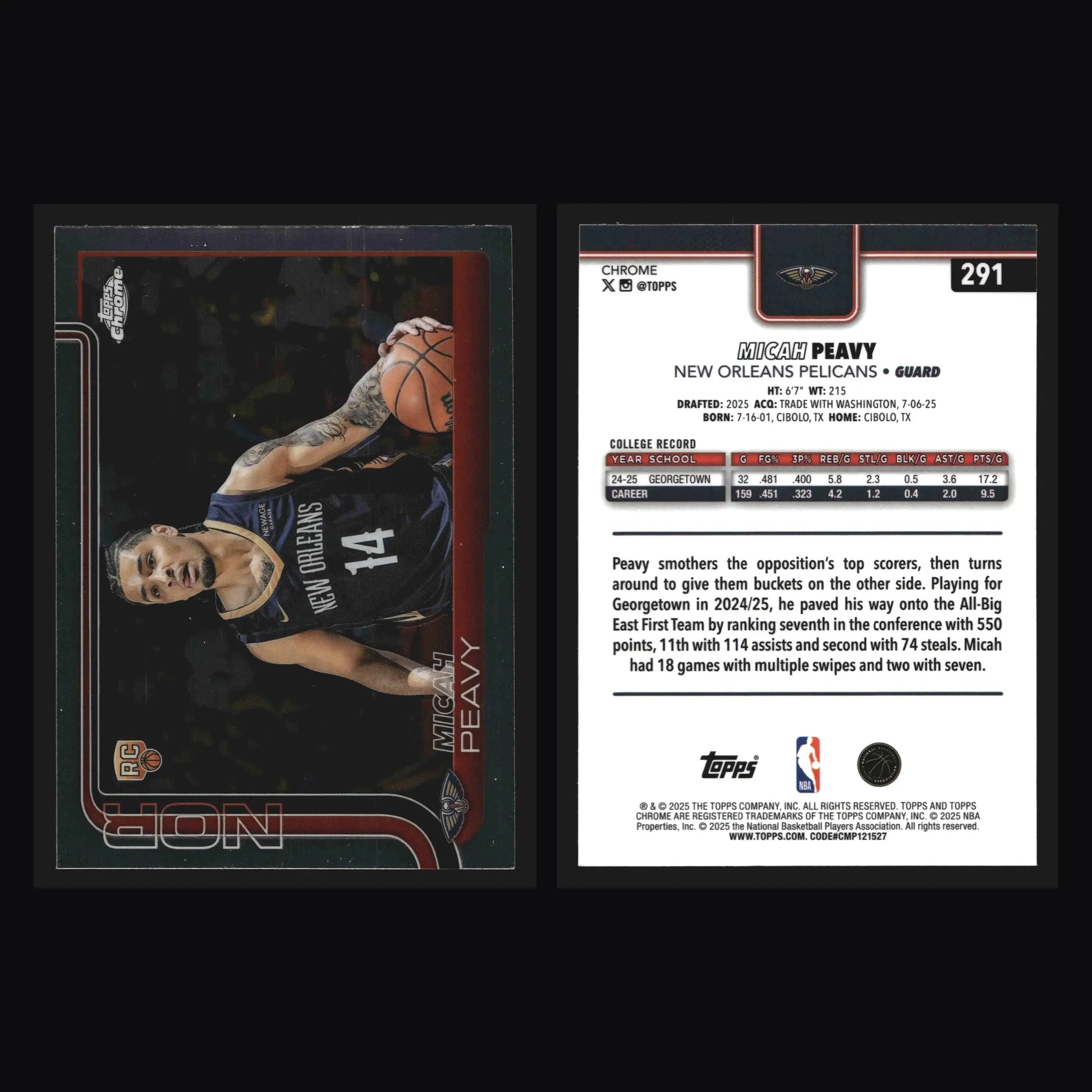 2025-26 Topps Chrome Micah Peavy #291 RC New Orleans Pelicans Rookie