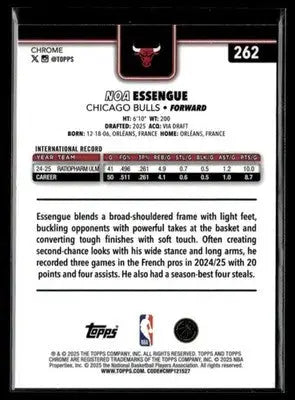 2025-26 Topps Chrome Noa Essengue #262 Base RC Chicago Bulls - Basketball Card Single
