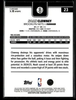 2025-26 Topps Chrome Noah Clowney #23 RayWave Refractors Brooklyn Nets - Basketball Card Single
