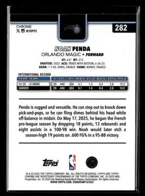 2025-26 Topps Chrome Noah Penda #282 RC Orlando Magic - Basketball Card Single