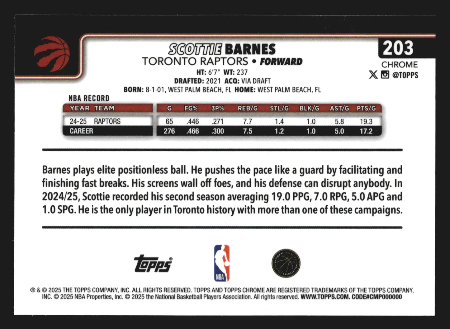 2025-26 Topps Chrome Scottie Barnes #203 Toronto Raptors