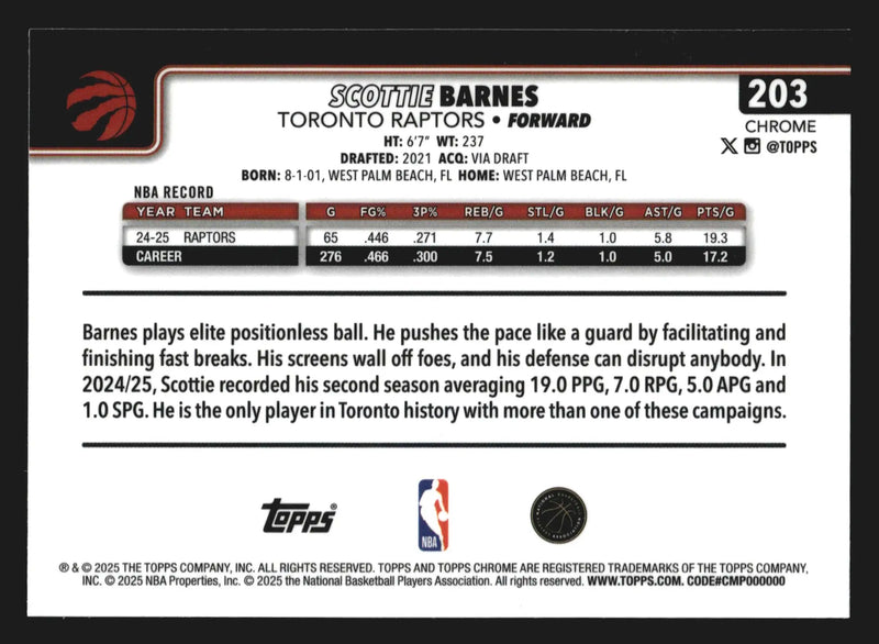 2025-26 Topps Chrome Scottie Barnes #203 Toronto Raptors