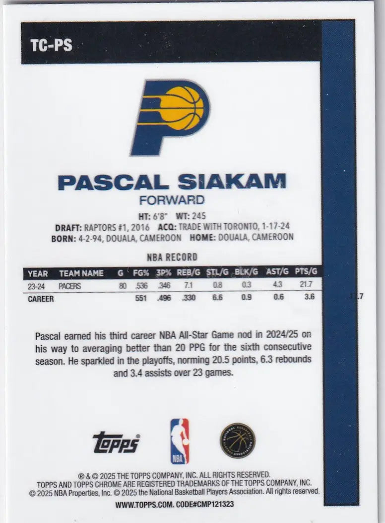 2025-26 TOPPS CHROME #TC-PS PASCAL SIAKAM- MOJO- INDIANA PACERS - Basketball Card Single