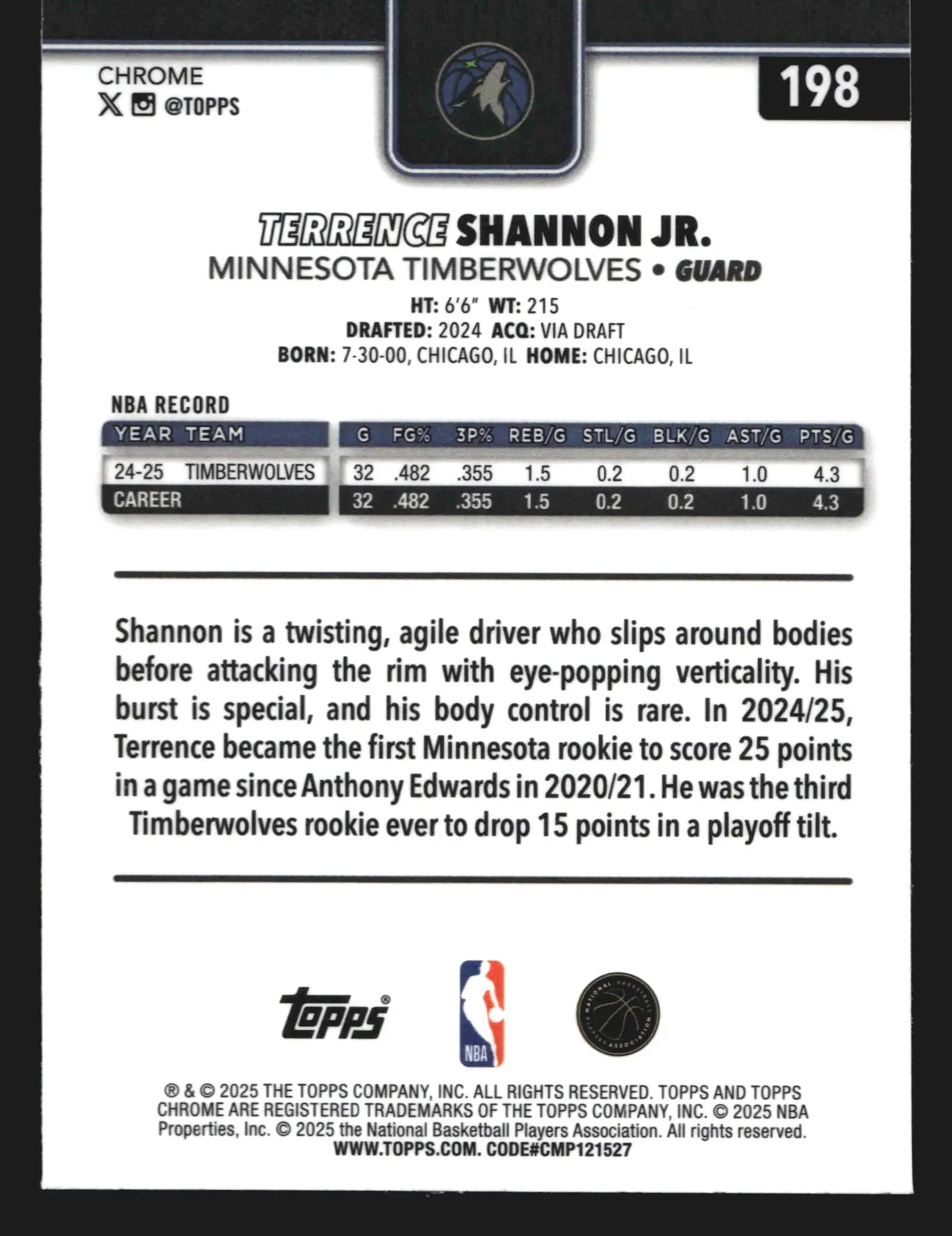 2025-26 Topps Chrome Terrence Shannon Jr. #198 Timberwolves - Basketball Card Single