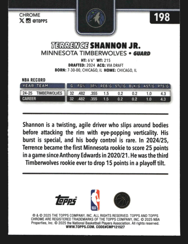 2025-26 Topps Chrome Terrence Shannon Jr. #198 Timberwolves - Basketball Card Single