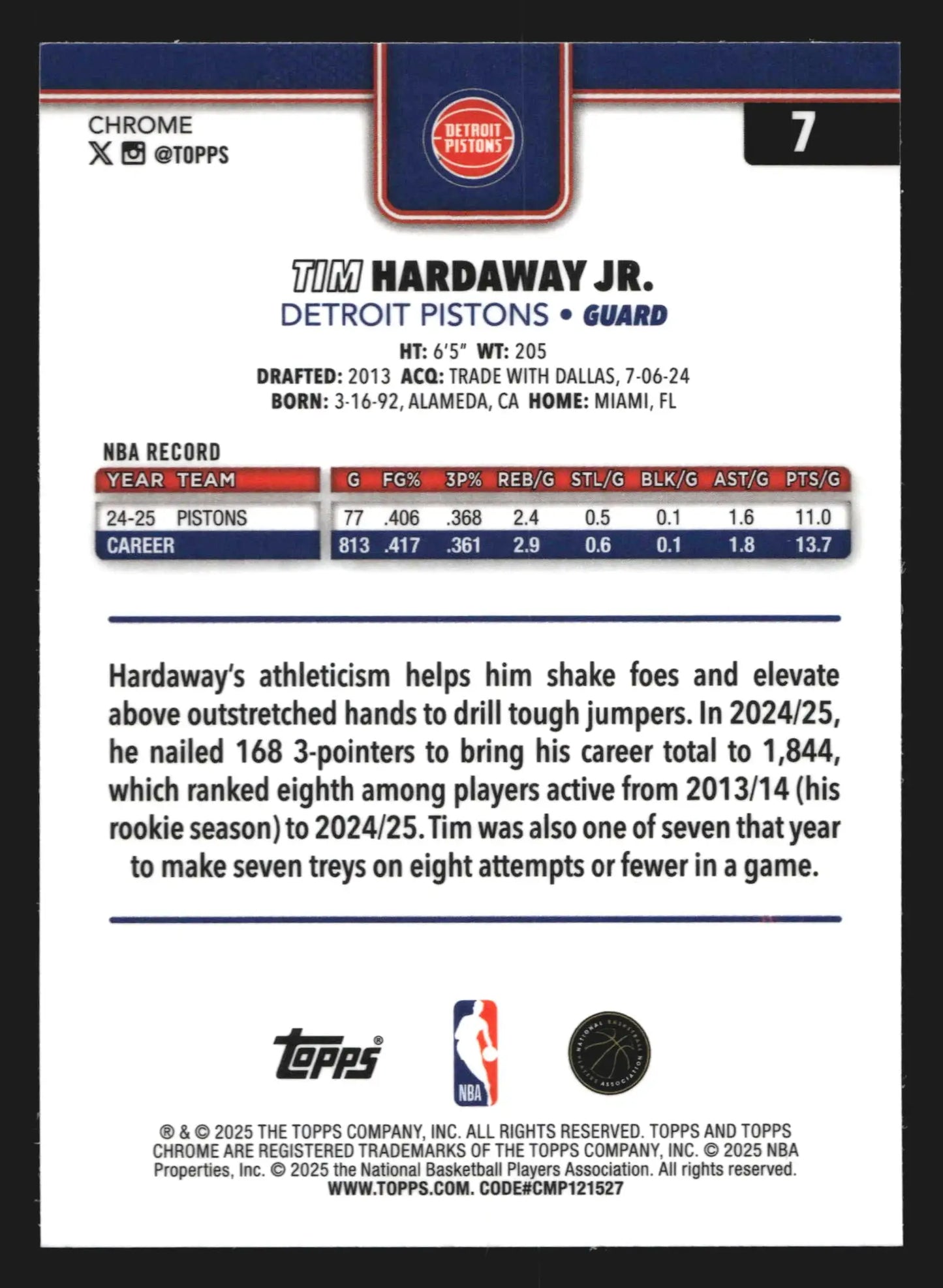 2025-26 Topps Chrome Tim Hardaway Jr #7 X-Fractor Detroit Pistons