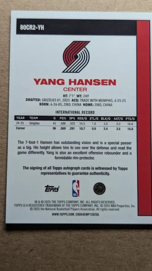2025-26 Topps Chrome Yang Hansen Rc Mojo Auto 45th Anniversary Trail Blazers - Basketball Card Single