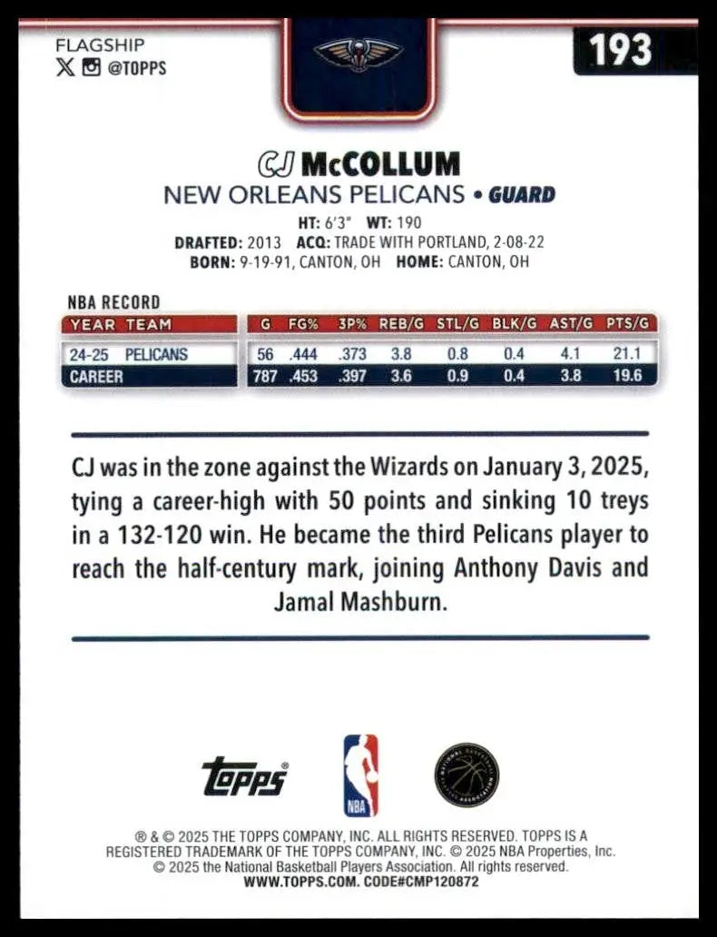 2025-26 Topps CJ McCollum #193 New Oreleans Pelicans Basketball Card NBA Sports - Basketball Card