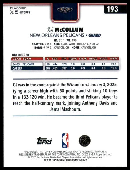 2025-26 Topps CJ McCollum #193 New Oreleans Pelicans Basketball Card NBA Sports - Basketball Card