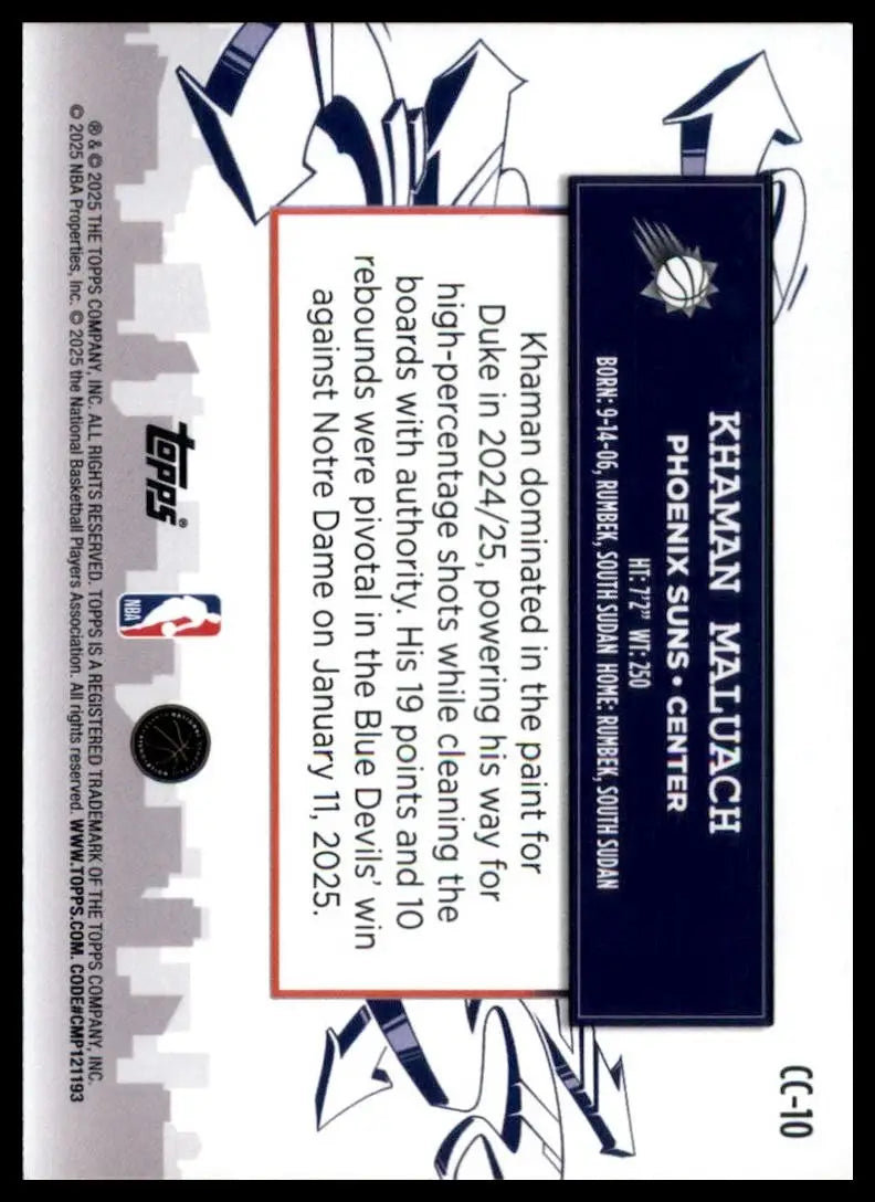2025-26 Topps Clutch City Prospects Khaman Maluach Rookie #CC-10 Phoenix Suns - Basketball Card Single