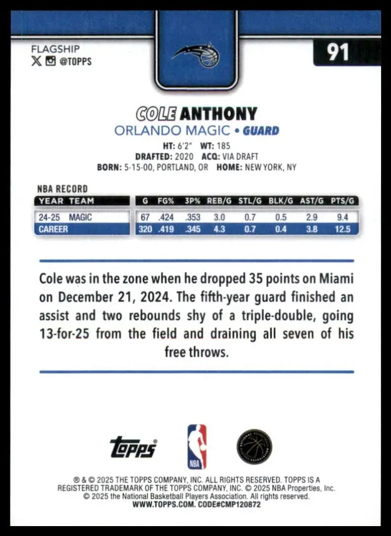 2025-26 Topps Cole Anthony #91 Orlando Magic Basketball Card NBA Sports - Basketball Card Single