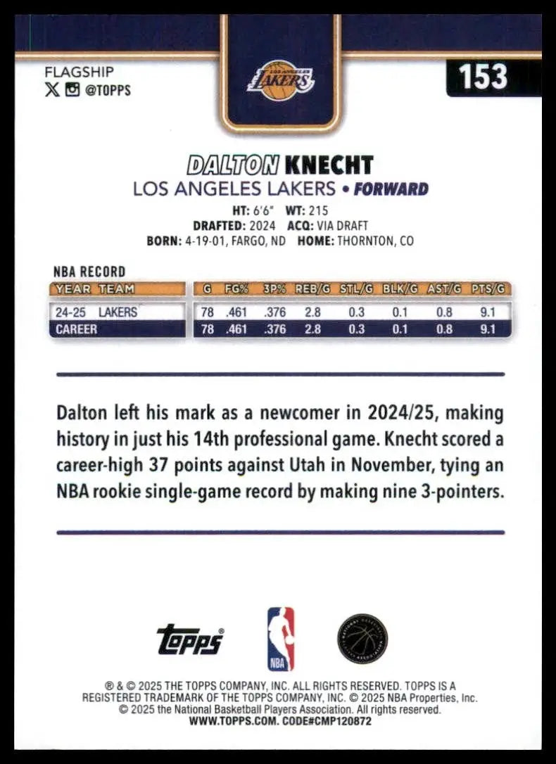 2025-26 Topps Dalton Knecht #153 Los Angeles Lakers Basketball Card NBA Sports - Basketball Card Single