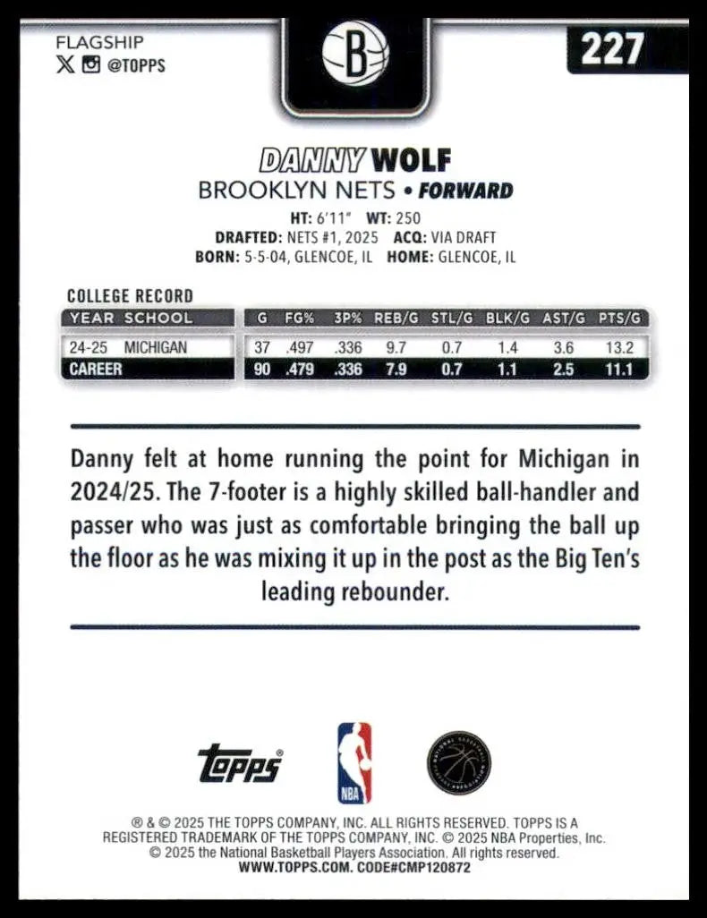 2025-26 Topps Danny Wolf Rookie #227 Brooklyn Nets Basketball Card NBA Sports - Basketball Card Single