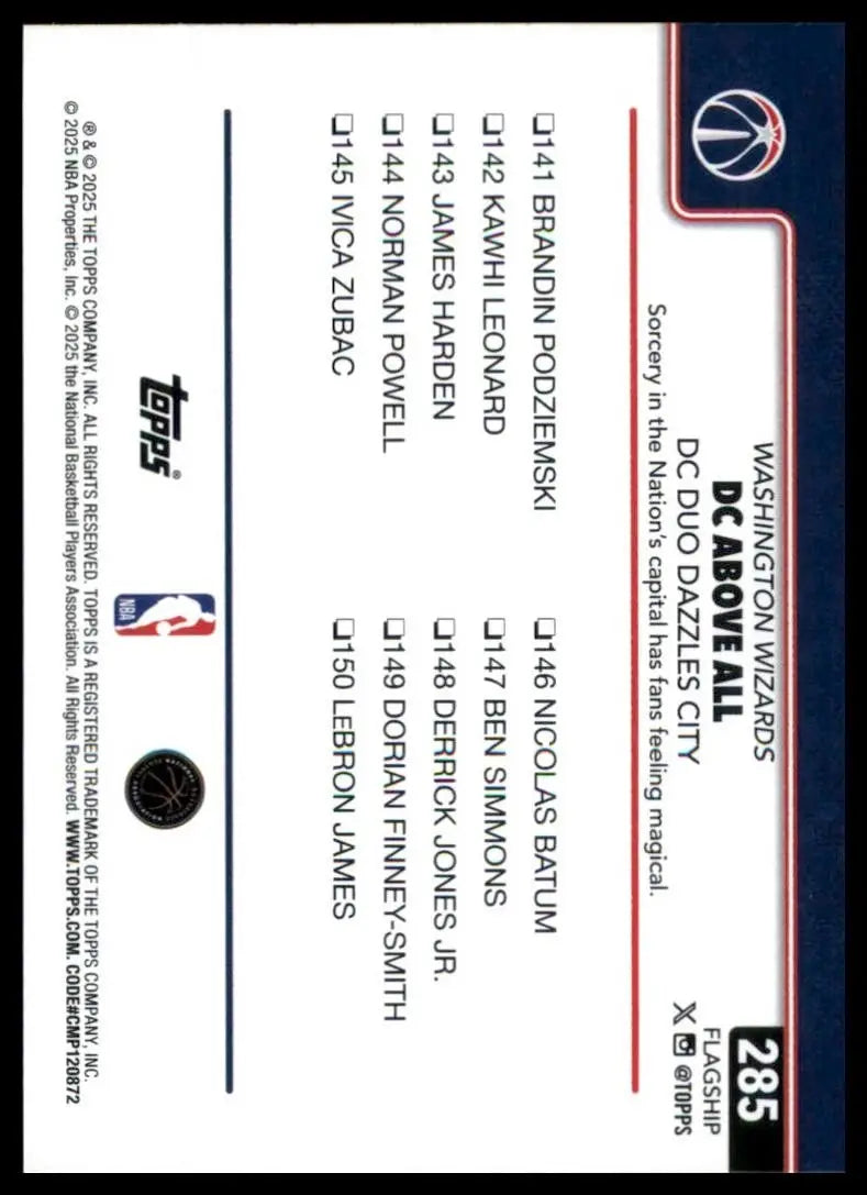 2025-26 Topps DC Above All #285 Washington Wizards Basketball Card NBA Sports - Basketball Card Single