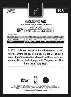 2025-26 Topps De’Aaron Fox #196 San Antonio Spurs - Basketball Card Single