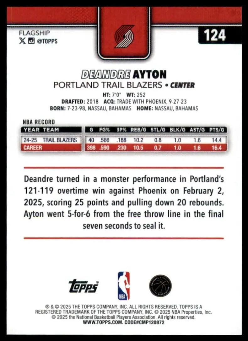2025-26 Topps Deandre Ayton #124 Portland Trail Blazers Basketball Card NBA - Basketball Card Single