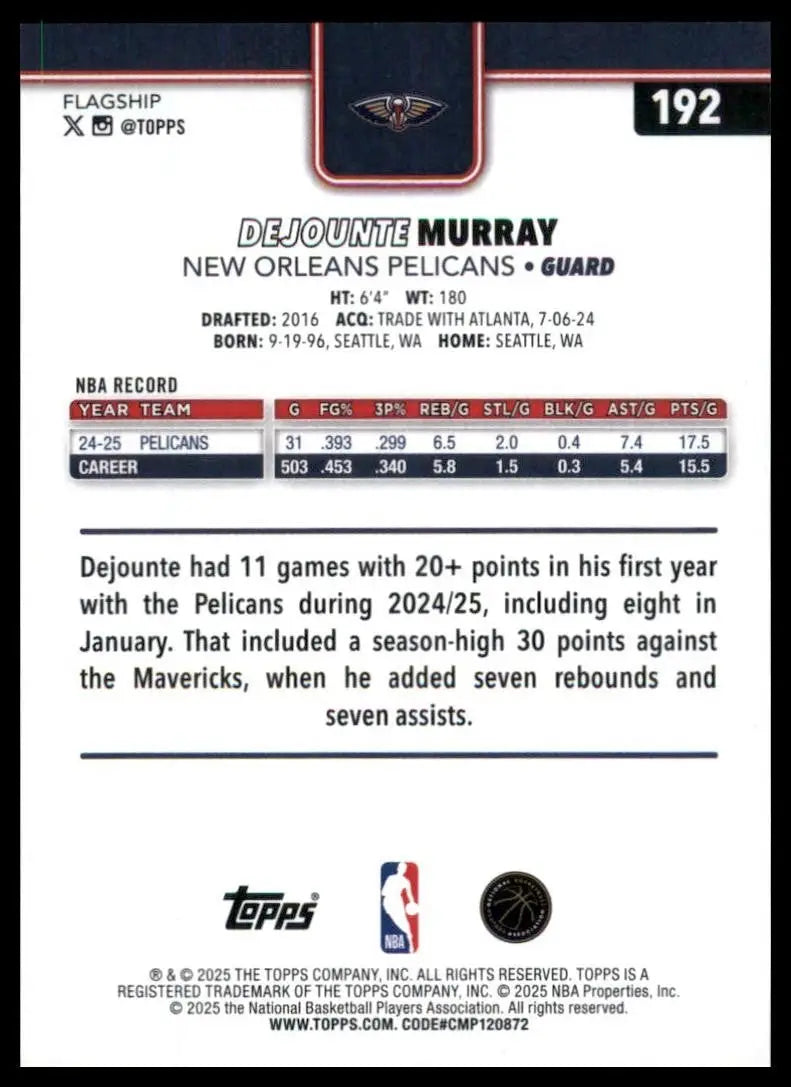 2025-26 Topps Dejounte Murray #192 New Oreleans Pelicans Basketball Card NBA - Trading Cards