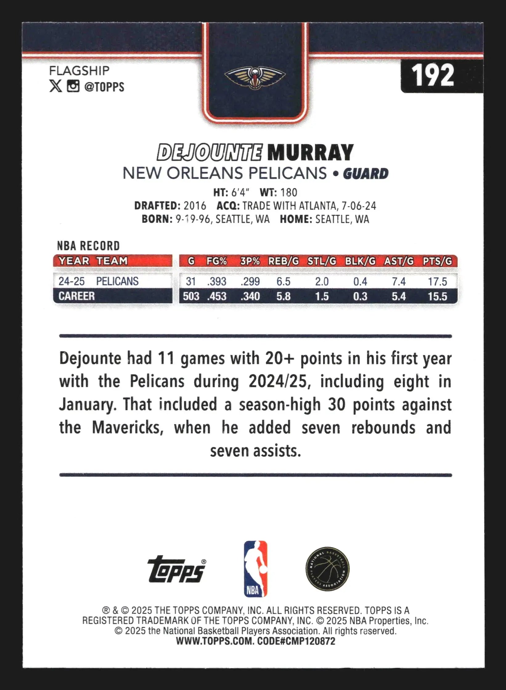 2025-26 Topps Dejounte Murray #192 New Orleans Pelicans