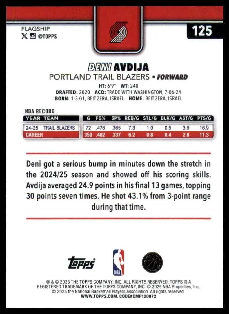 2025-26 Topps Deni Avdija #125 Portland Trail Blazers Basketball Card NBA Sports
