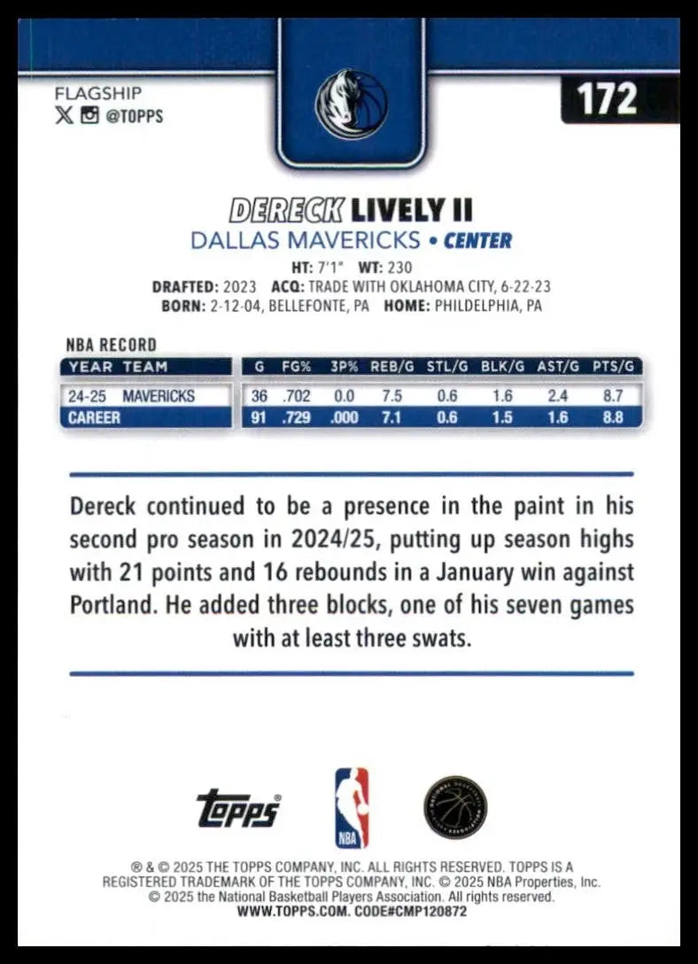 2025-26 Topps Dereck Lively II #172 Dallas Mavericks Basketball Card NBA Sports - Basketball Card