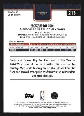 2025-26 Topps Derik Queen #213 RC New Orleans Pelicans Rookie - Basketball Card Single