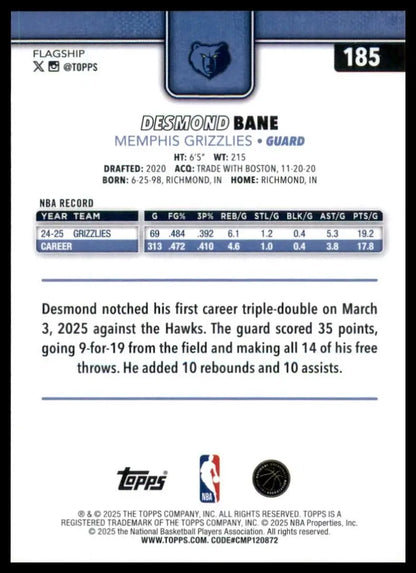 2025-26 Topps Desmond Bane #185 Memphis Grizzlies Basketball Card NBA Sports - Trading Card