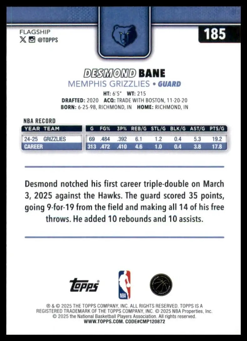 2025-26 Topps Desmond Bane #185 Memphis Grizzlies Basketball Card NBA Sports