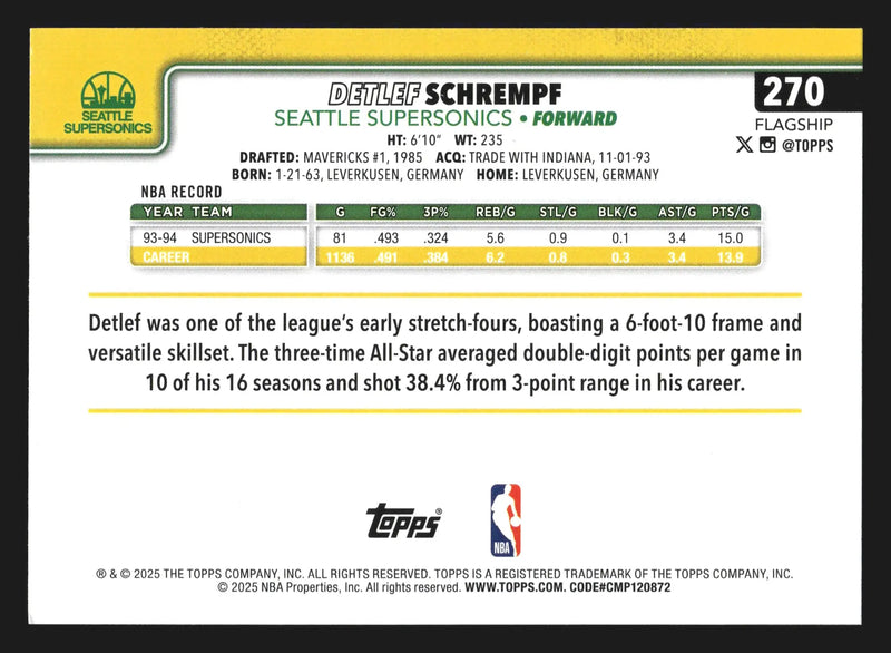 2025-26 Topps Detlef Schrempf #270 Seattle SuperSonics - Basketball Card Single